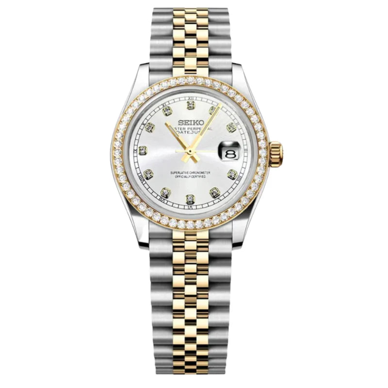 SEIKO MOD LADYJUST DOS TONOS ORO BIZEL Y DIAL BLANCO CON ZIRCONIAS
