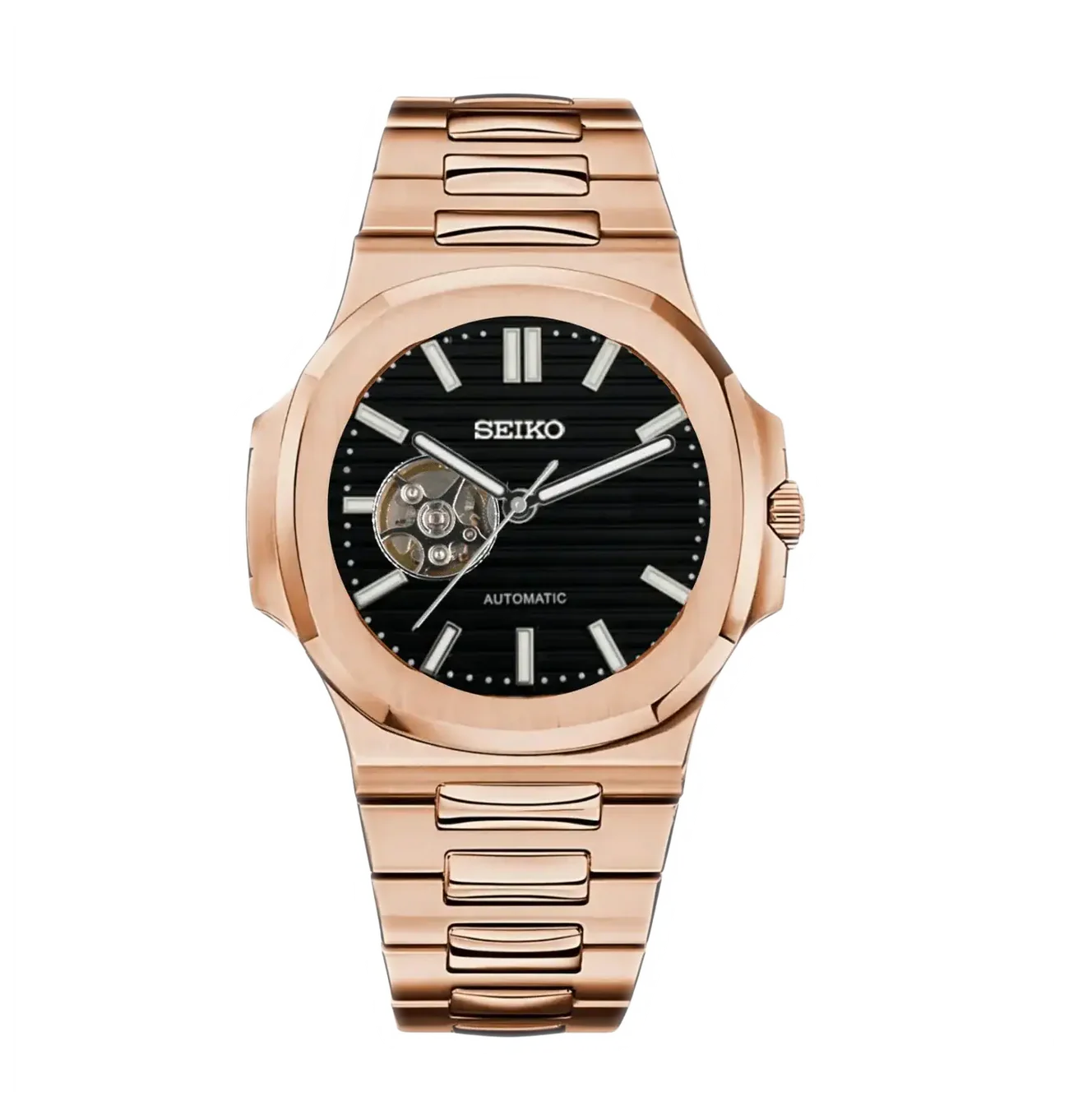 SEIKO MOD NAUTILUS ORO ROSA DIAL NEGRO OPEN HEART